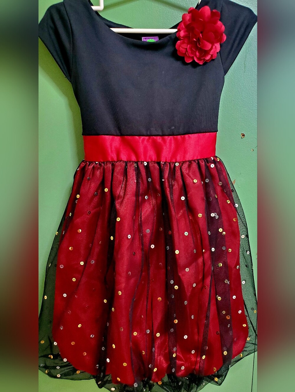 Dollie & Me Black Bodice Red Sequin Tulle Party Dress